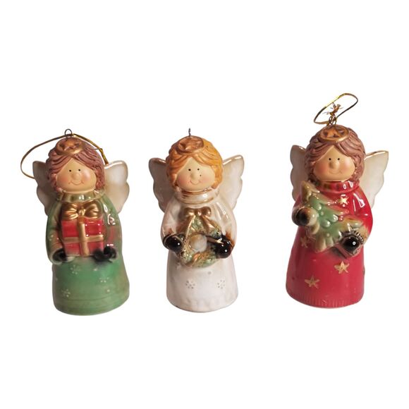 Vintage Lot 3 Angel Bell Christmas Ornaments Figurines Green, Red, & White 4" - Picture 1 of 16